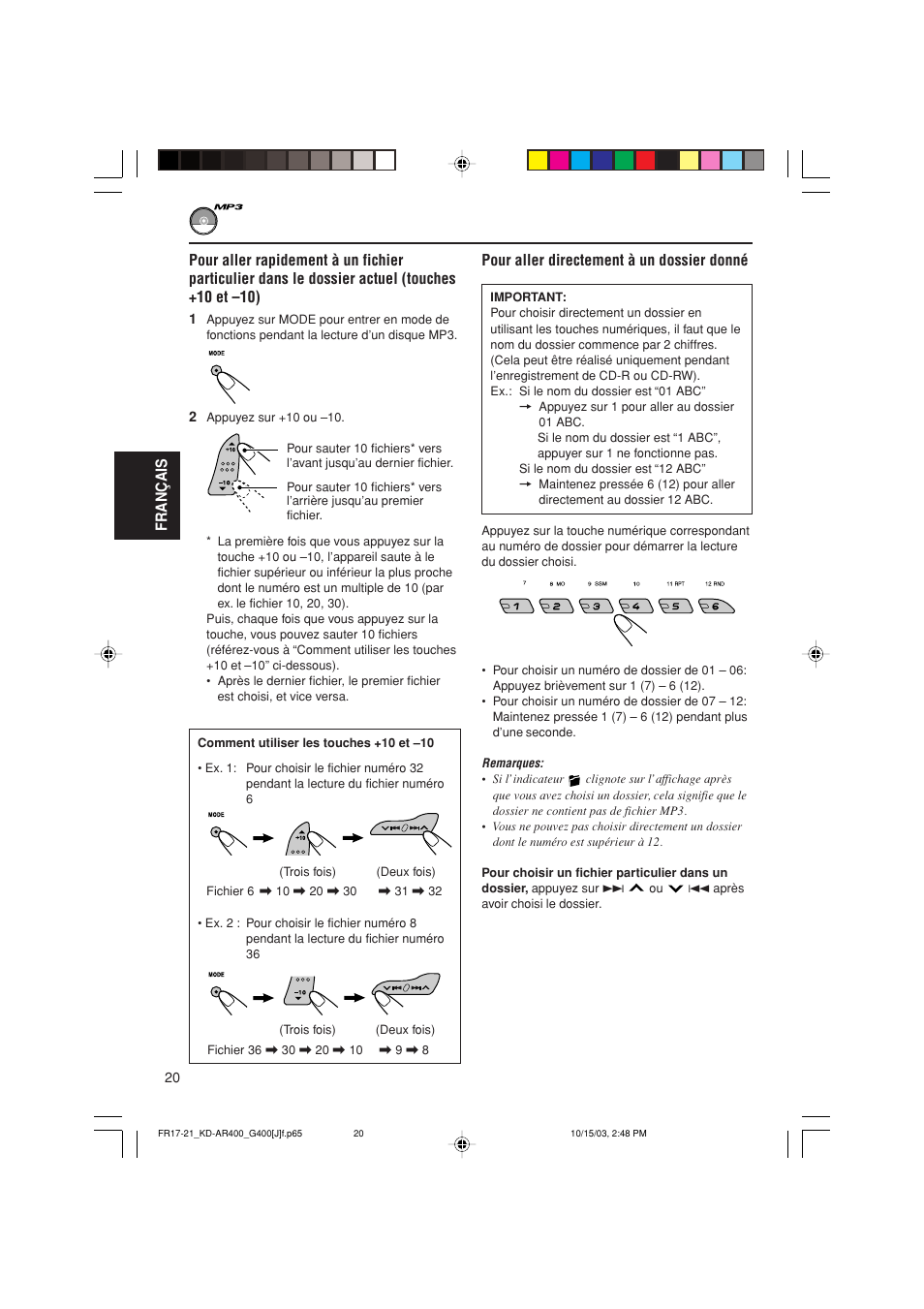 Fran ç ais, Pour aller directement à un dossier donné | JVC KD-AR400 User Manual | Page 92 / 111