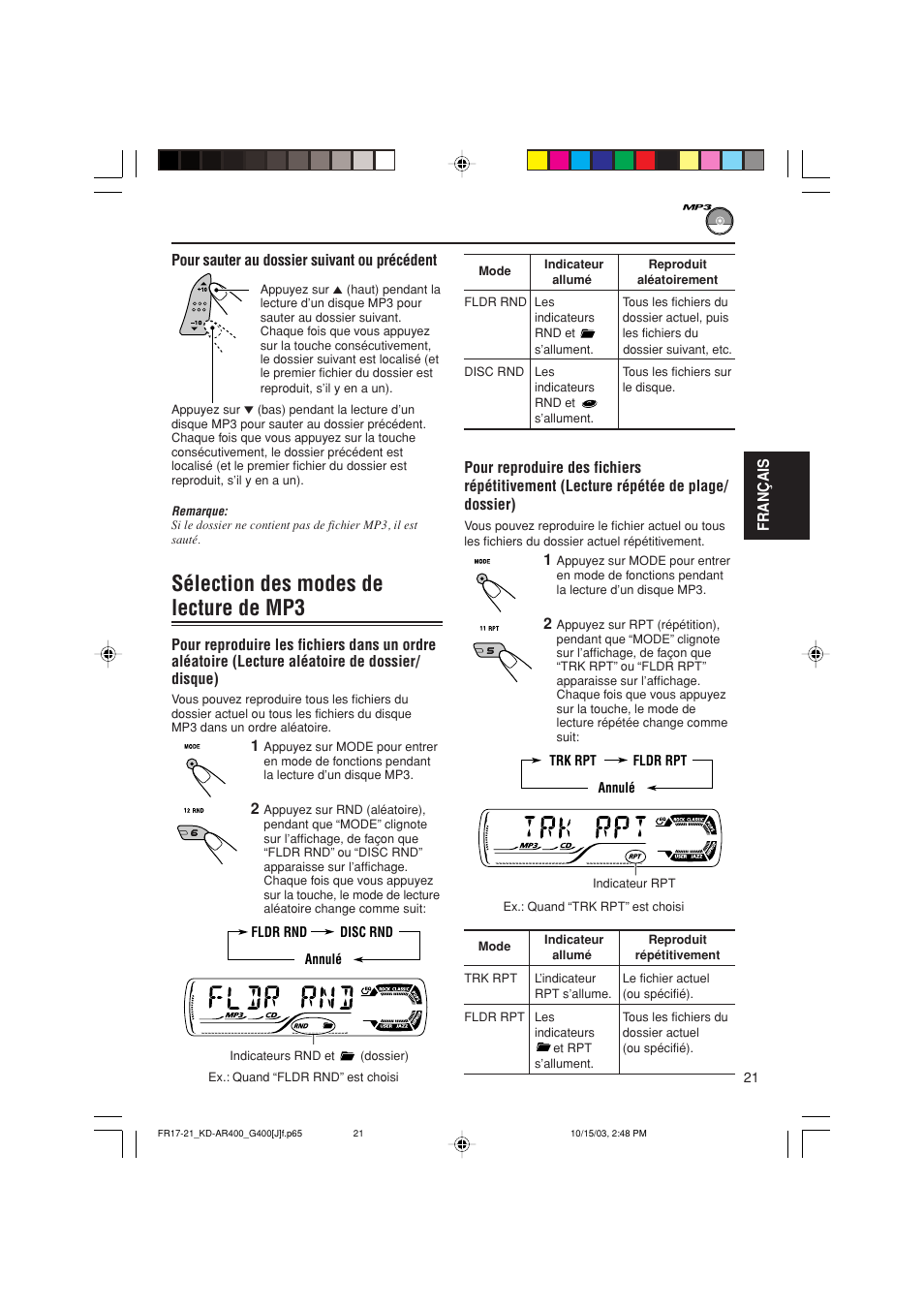 Sélection des modes de lecture de mp3 | JVC KD-AR400 User Manual | Page 93 / 111