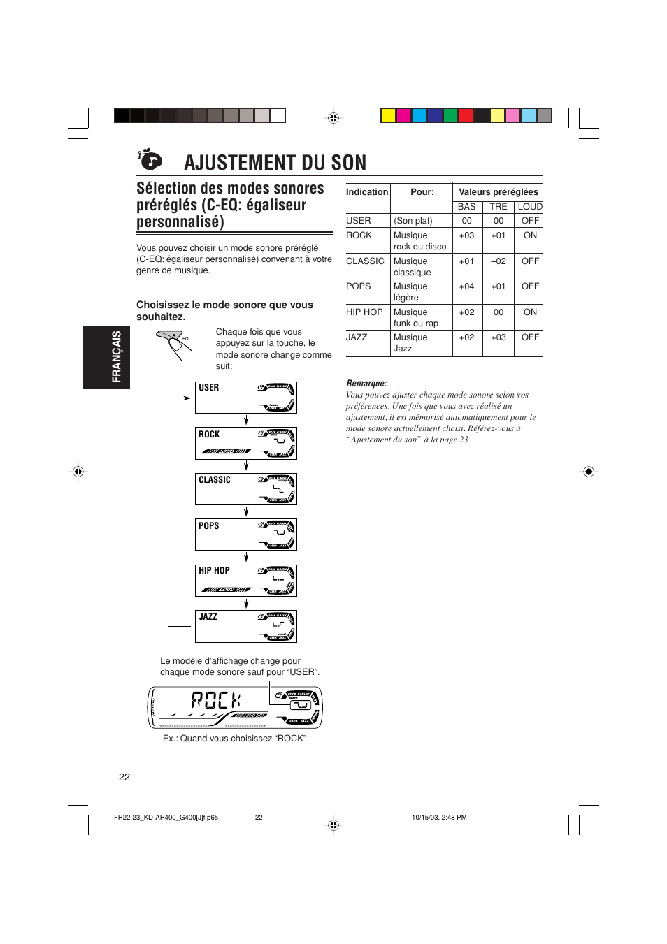 Ajustement du son, Fran ç ais | JVC KD-AR400 User Manual | Page 94 / 111