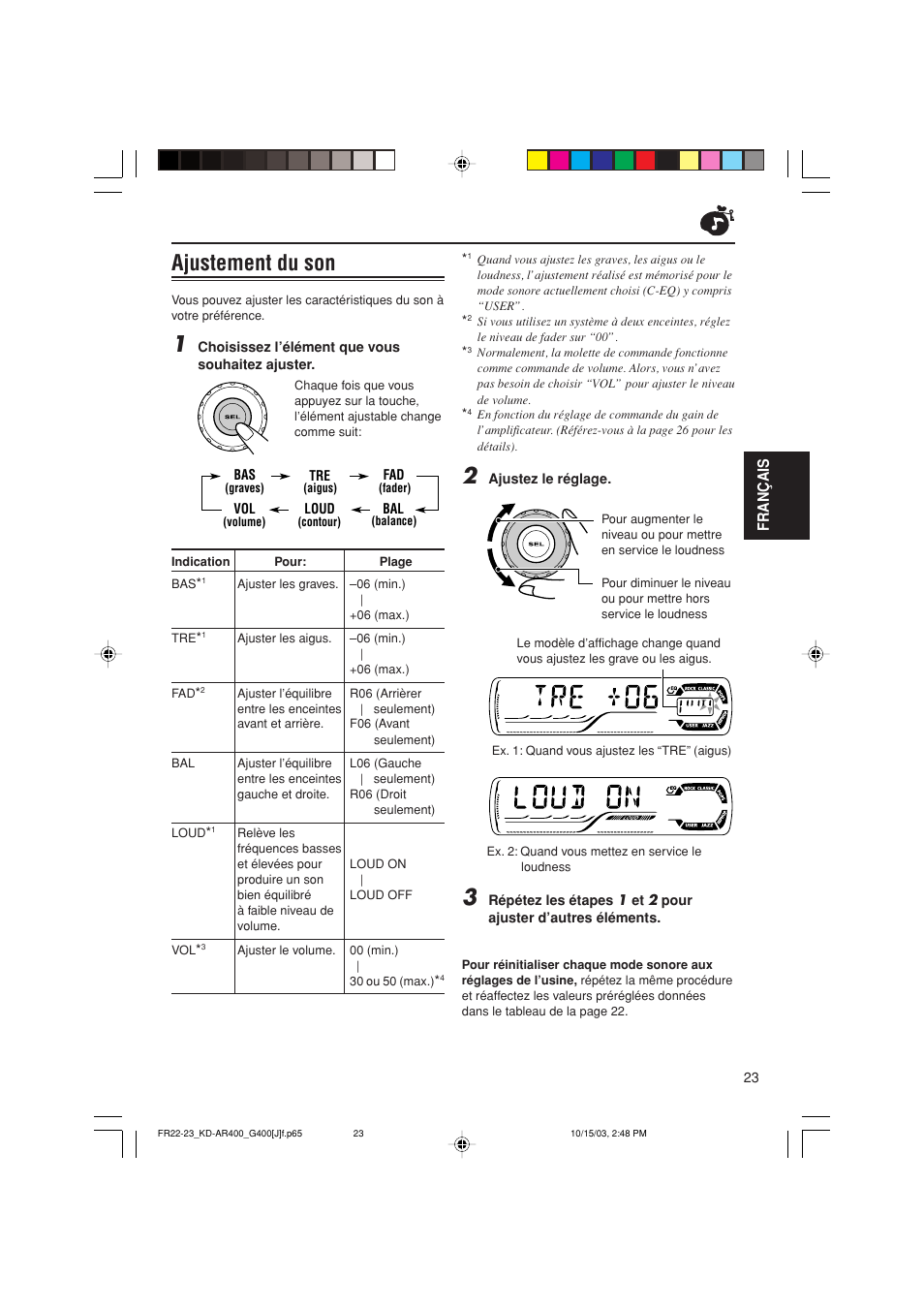 Ajustement du son, Fran ç ais | JVC KD-AR400 User Manual | Page 95 / 111