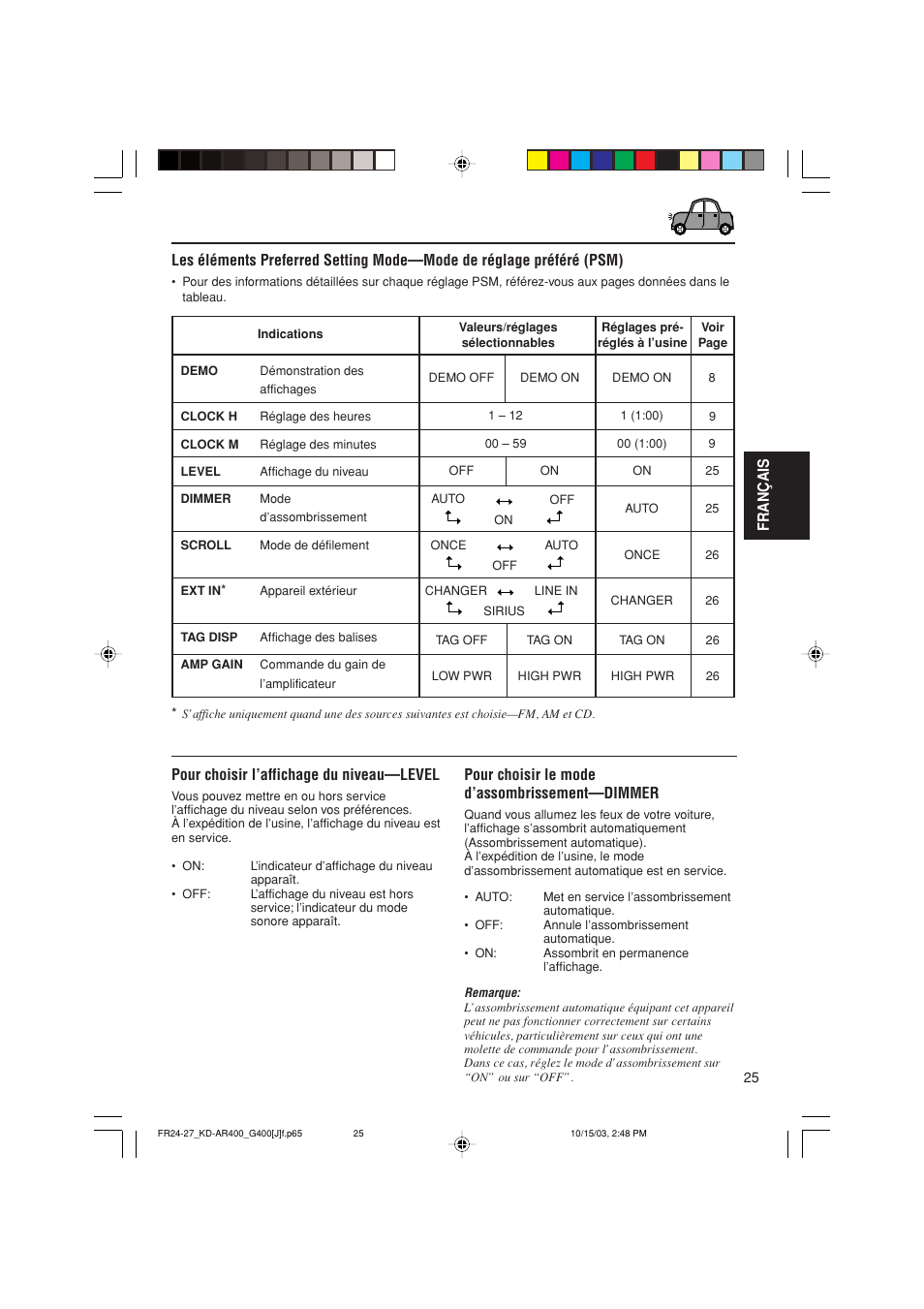 Pour choisir l’affichage du niveau—level, Pour choisir le mode d’assombrissement—dimmer | JVC KD-AR400 User Manual | Page 97 / 111