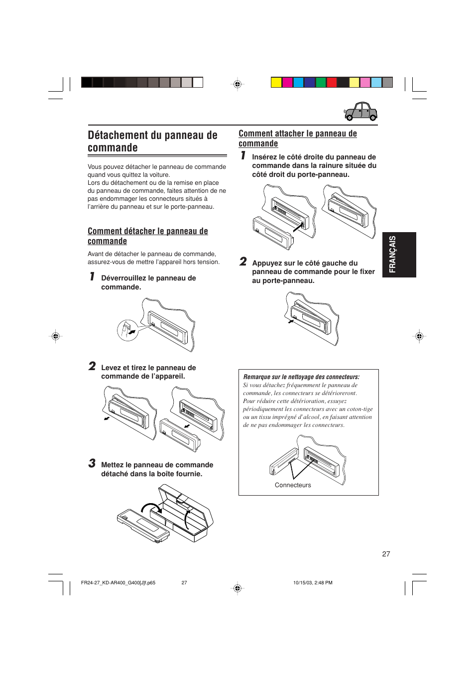 Détachement du panneau de commande | JVC KD-AR400 User Manual | Page 99 / 111