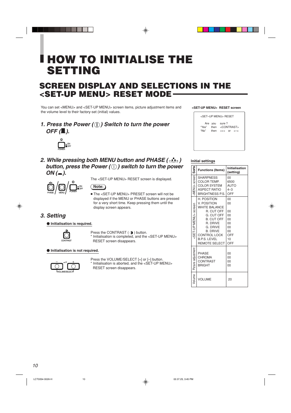 How to initialise the setting, Press the power ( ) switch to turn the power off, Setting | JVC TM-2100PN-K User Manual | Page 10 / 16