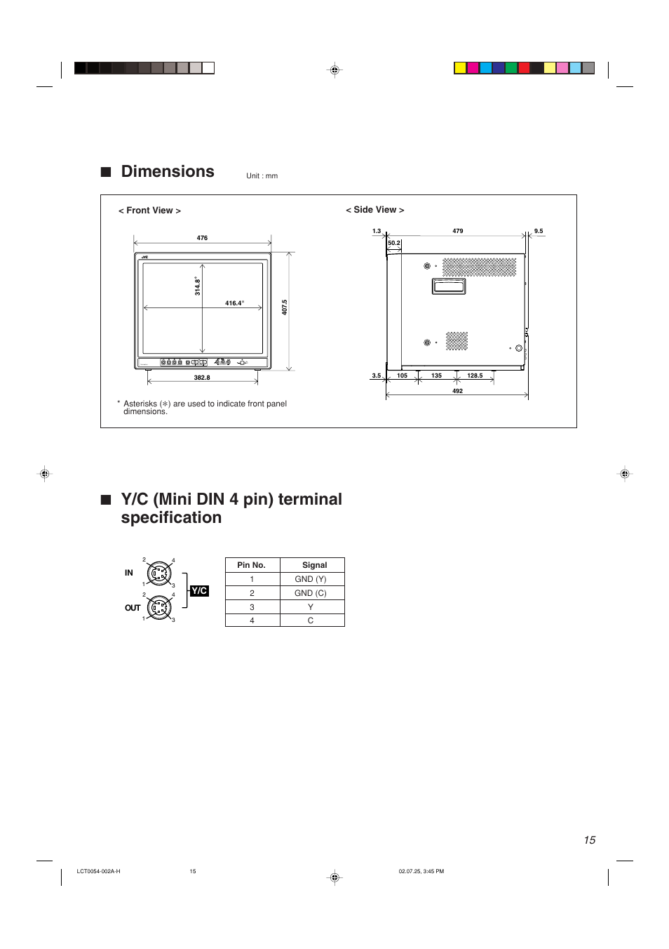 7 dimensions, 7 y/c (mini din 4 pin) terminal specification | JVC TM-2100PN-K User Manual | Page 15 / 16