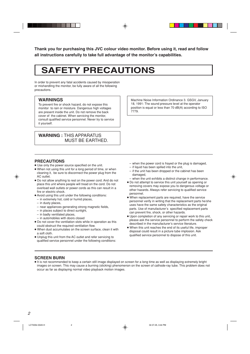 Safety precautions, Warnings, Warning : this apparatus must be earthed | JVC TM-2100PN-K User Manual | Page 2 / 16