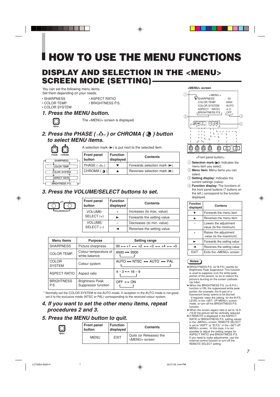 How to use the menu functions, Press the menu button, Press the volume/select buttons to set | JVC TM-2100PN-K User Manual | Page 7 / 16