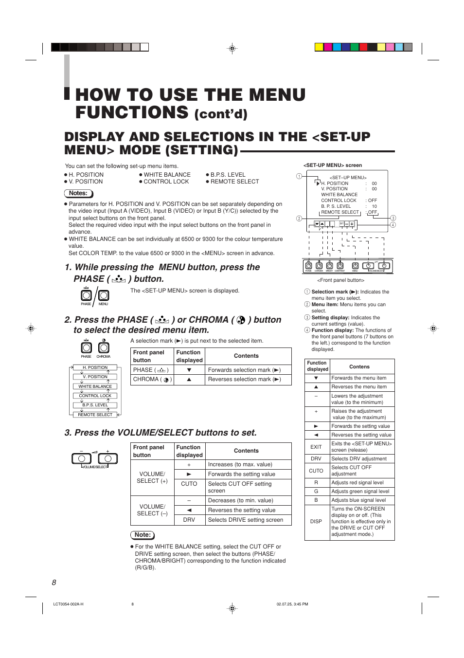 How to use the menu functions, Press the volume/select buttons to set | JVC TM-2100PN-K User Manual | Page 8 / 16