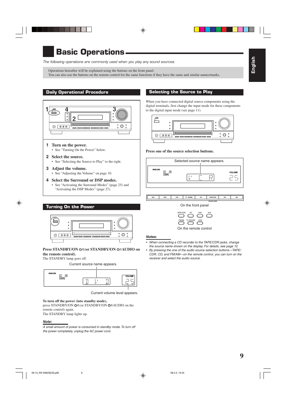 Basic operations, English, Selecting the source to play | Daily operational procedure 1 turn on the power, 2 select the source, 3 adjust the volume, 4 select the surround or dsp modes, Turning on the power | JVC RX-5062S User Manual | Page 11 / 35