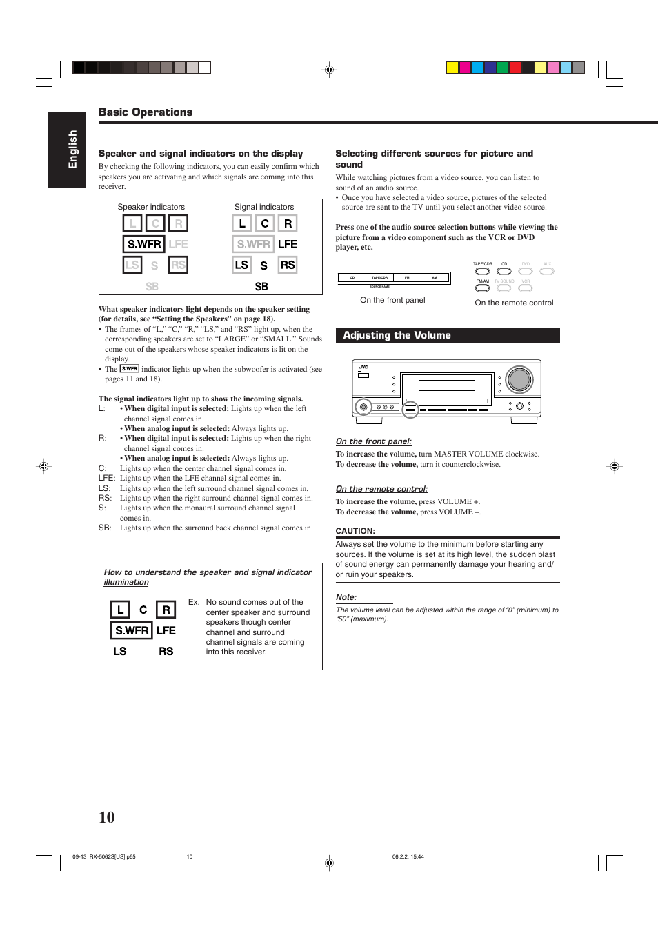 English, Basic operations, Adjusting the volume | JVC RX-5062S User Manual | Page 12 / 35