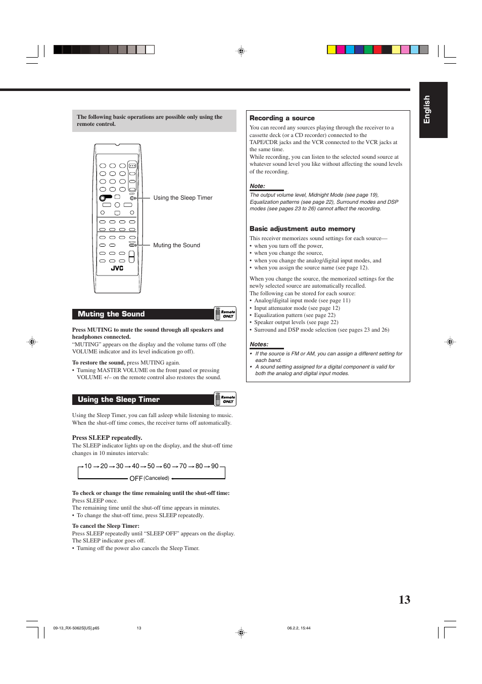 English, Muting the sound, Using the sleep timer | JVC RX-5062S User Manual | Page 15 / 35