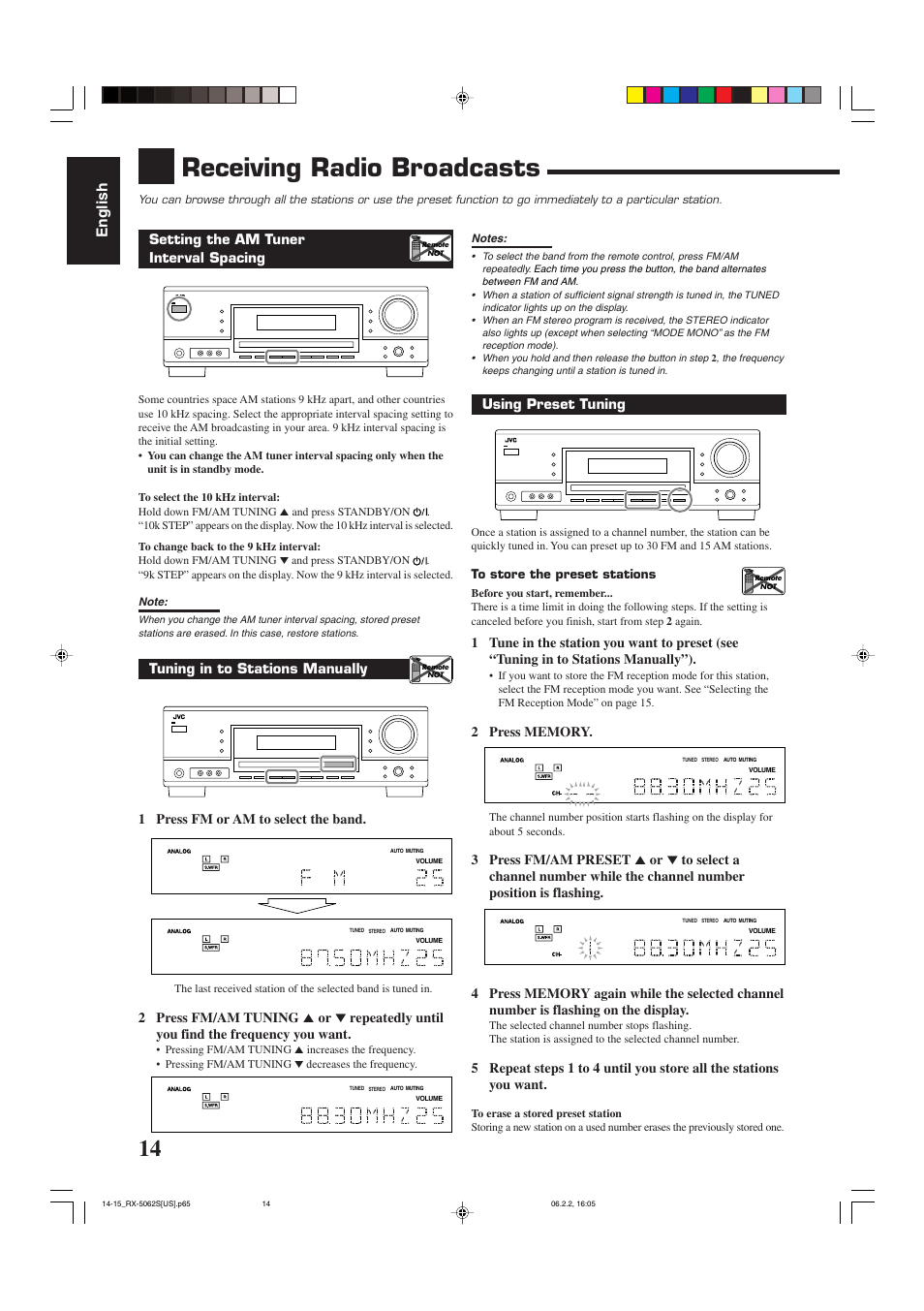 Receiving radio broadcasts, English | JVC RX-5062S User Manual | Page 16 / 35