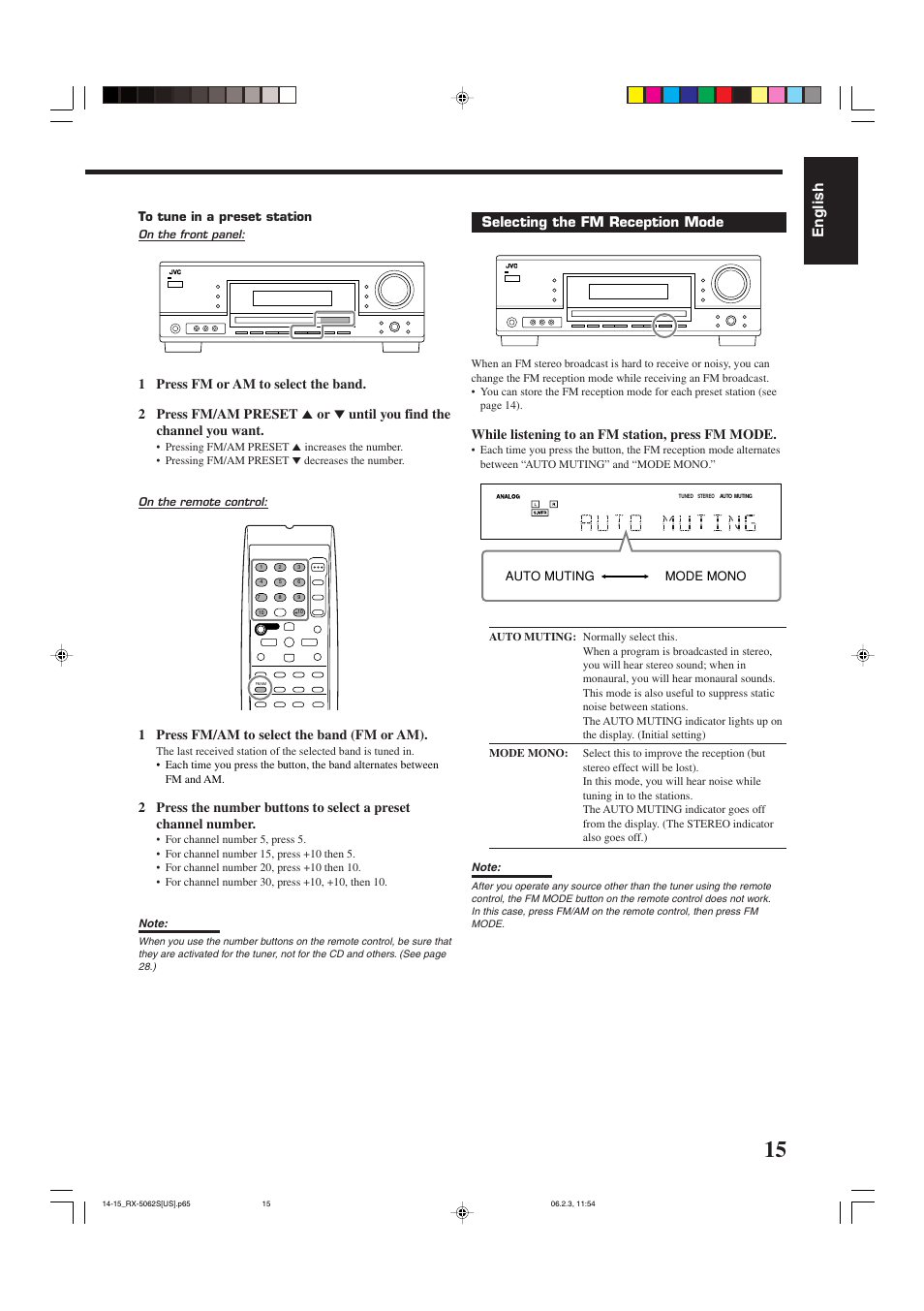 English, 1 press fm/am to select the band (fm or am), Selecting the fm reception mode | While listening to an fm station, press fm mode, Auto muting mode mono | JVC RX-5062S User Manual | Page 17 / 35