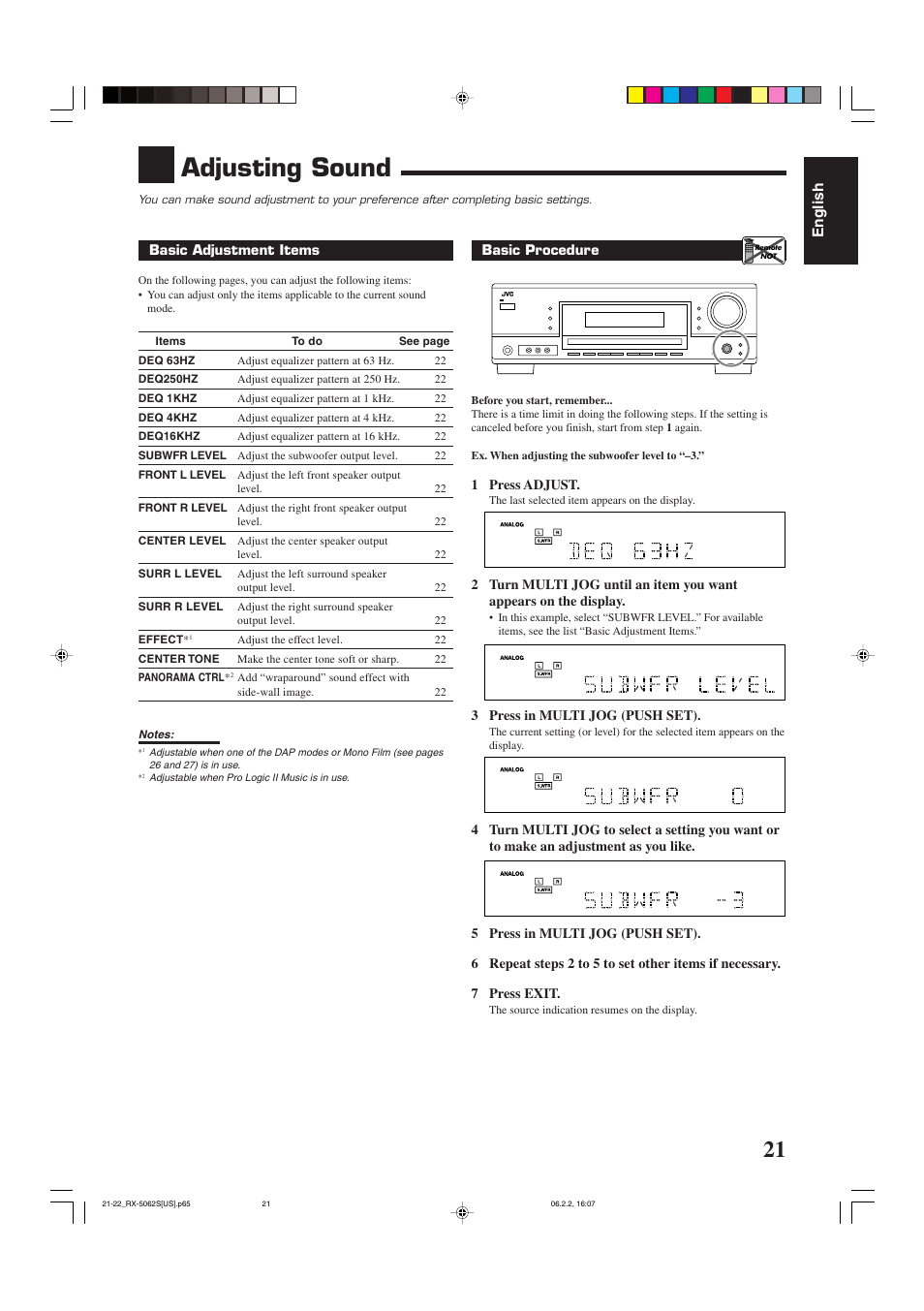 Adjusting sound, English | JVC RX-5062S User Manual | Page 23 / 35