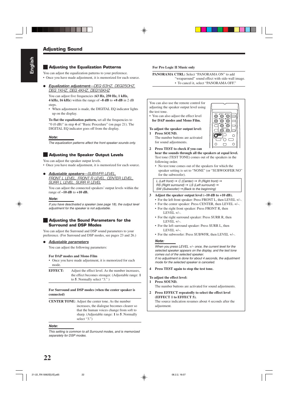 English, Adjusting sound | JVC RX-5062S User Manual | Page 24 / 35