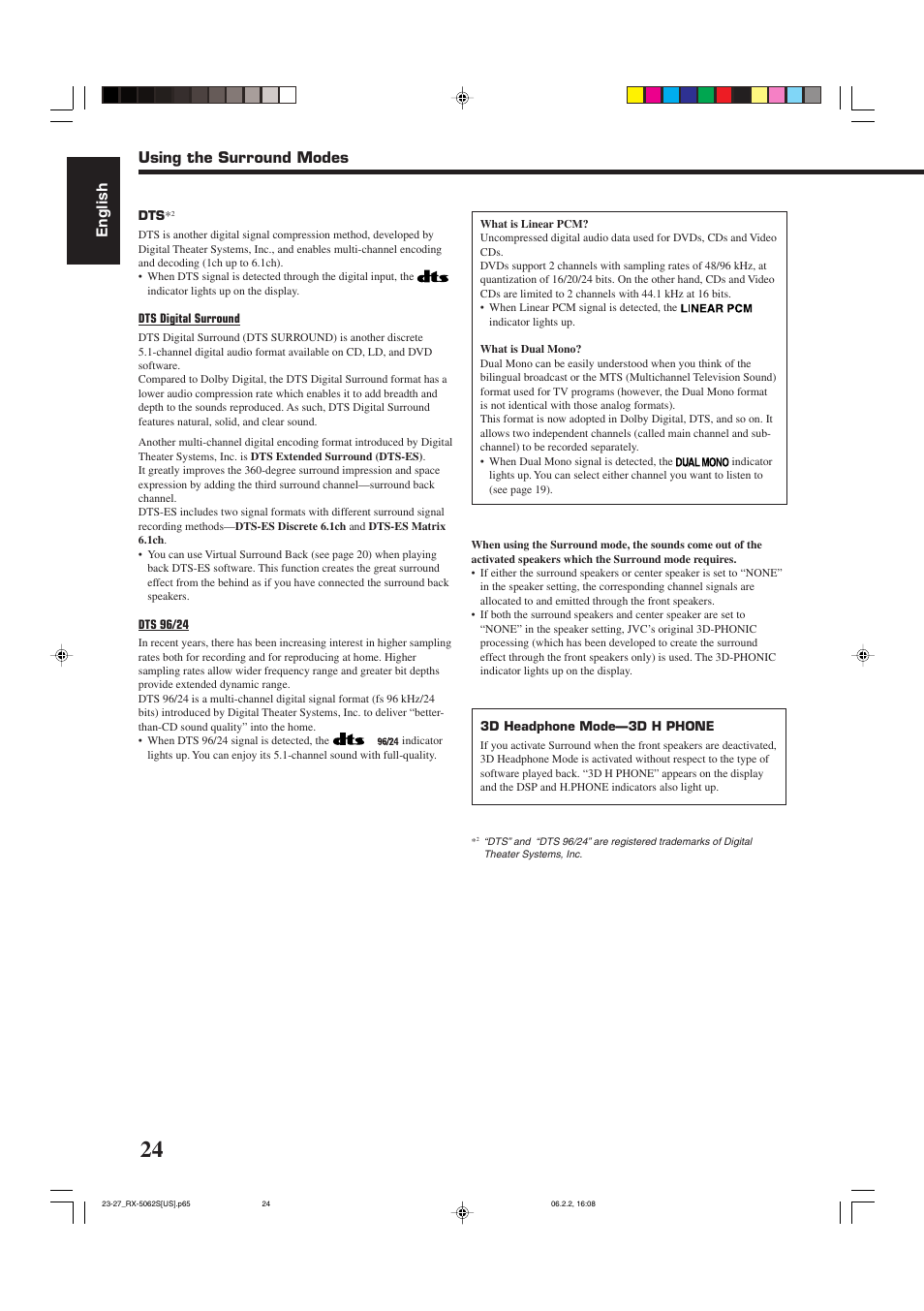 English, Using the surround modes | JVC RX-5062S User Manual | Page 26 / 35