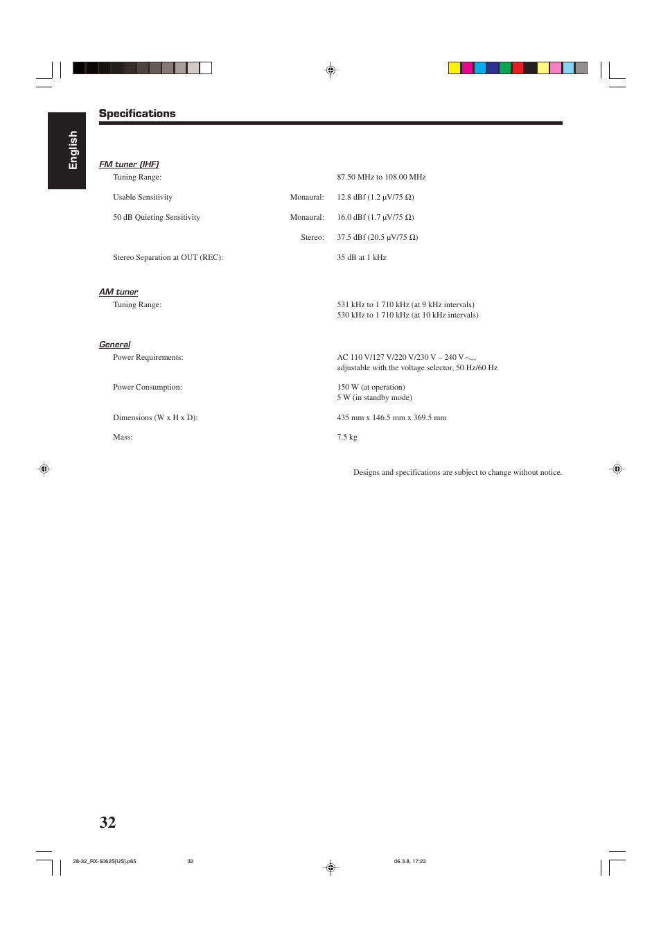 English specifications | JVC RX-5062S User Manual | Page 34 / 35