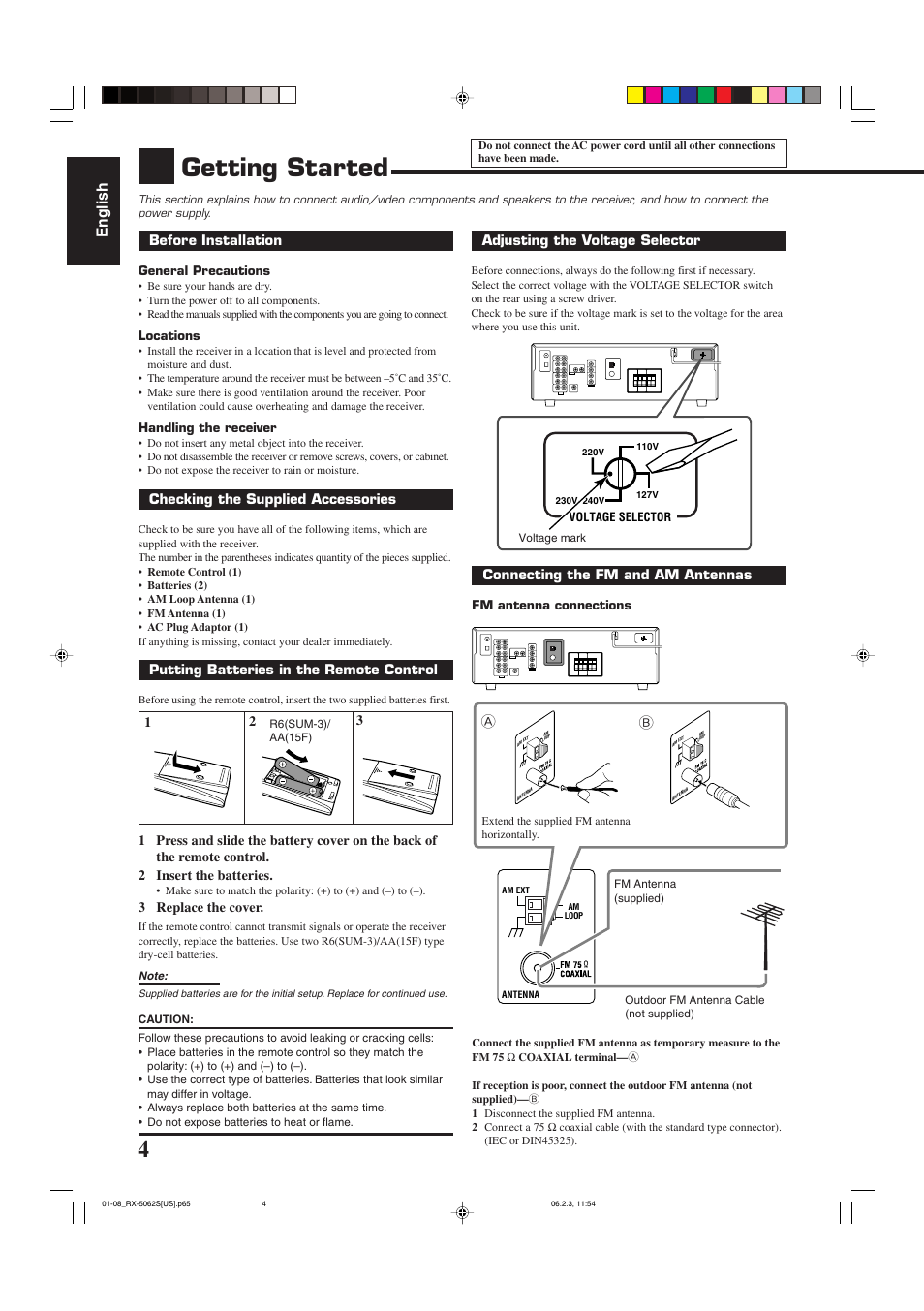 Getting started, English | JVC RX-5062S User Manual | Page 6 / 35