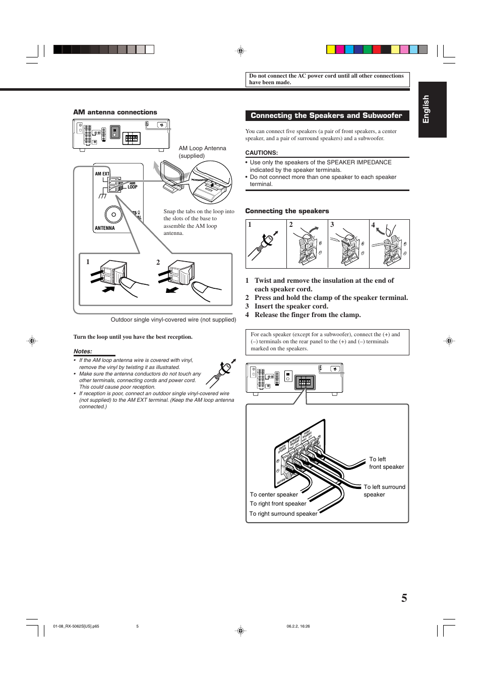 English, Connecting the speakers and subwoofer, Connecting the speakers | Am antenna connections | JVC RX-5062S User Manual | Page 7 / 35