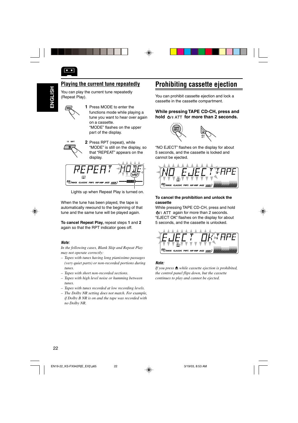 Prohibiting cassette ejection, Playing the current tune repeatedly | JVC KS-FX942R User Manual | Page 22 / 48