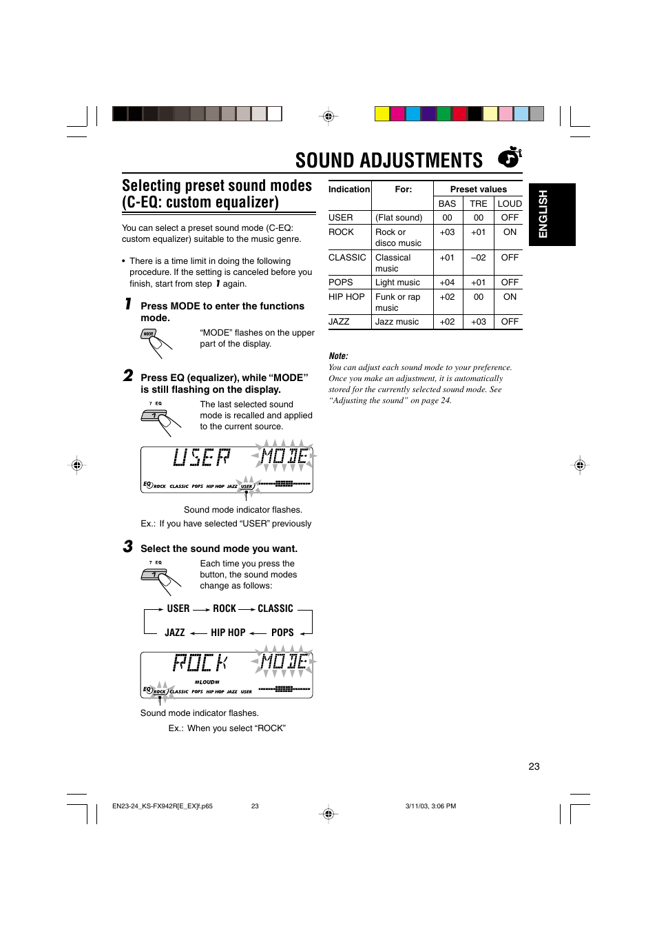 Sound adjustments | JVC KS-FX942R User Manual | Page 23 / 48