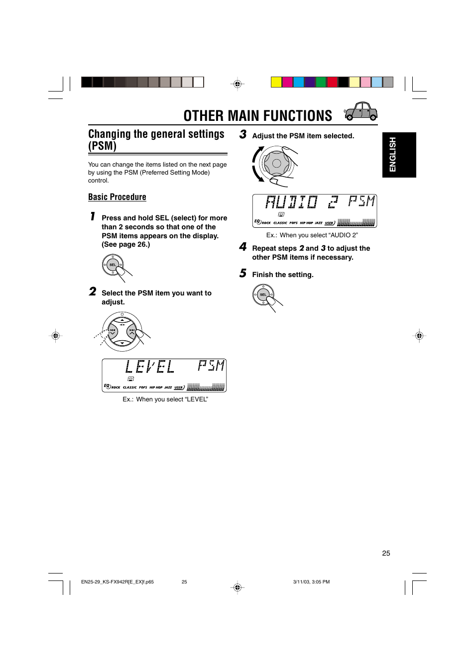 Other main functions, Changing the general settings (psm) | JVC KS-FX942R User Manual | Page 25 / 48