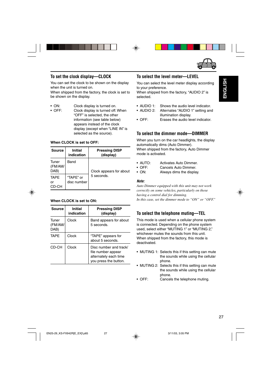 English to set the clock display—clock | JVC KS-FX942R User Manual | Page 27 / 48