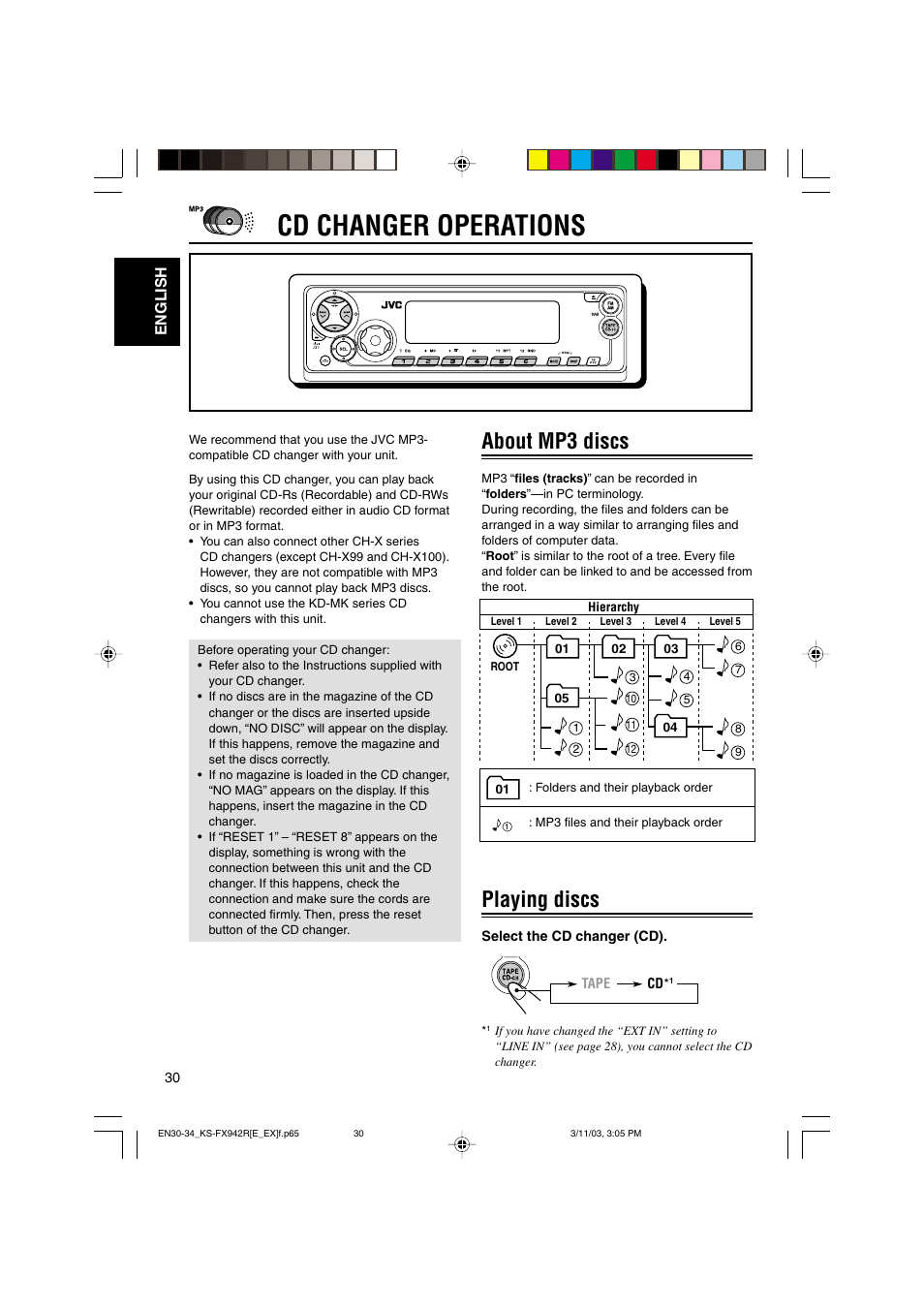 Cd changer operations, About mp3 discs, Playing discs | English | JVC KS-FX942R User Manual | Page 30 / 48