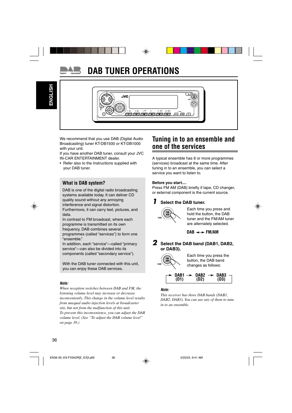 Dab tuner operations, Tuning in to an ensemble and one of the services | JVC KS-FX942R User Manual | Page 36 / 48