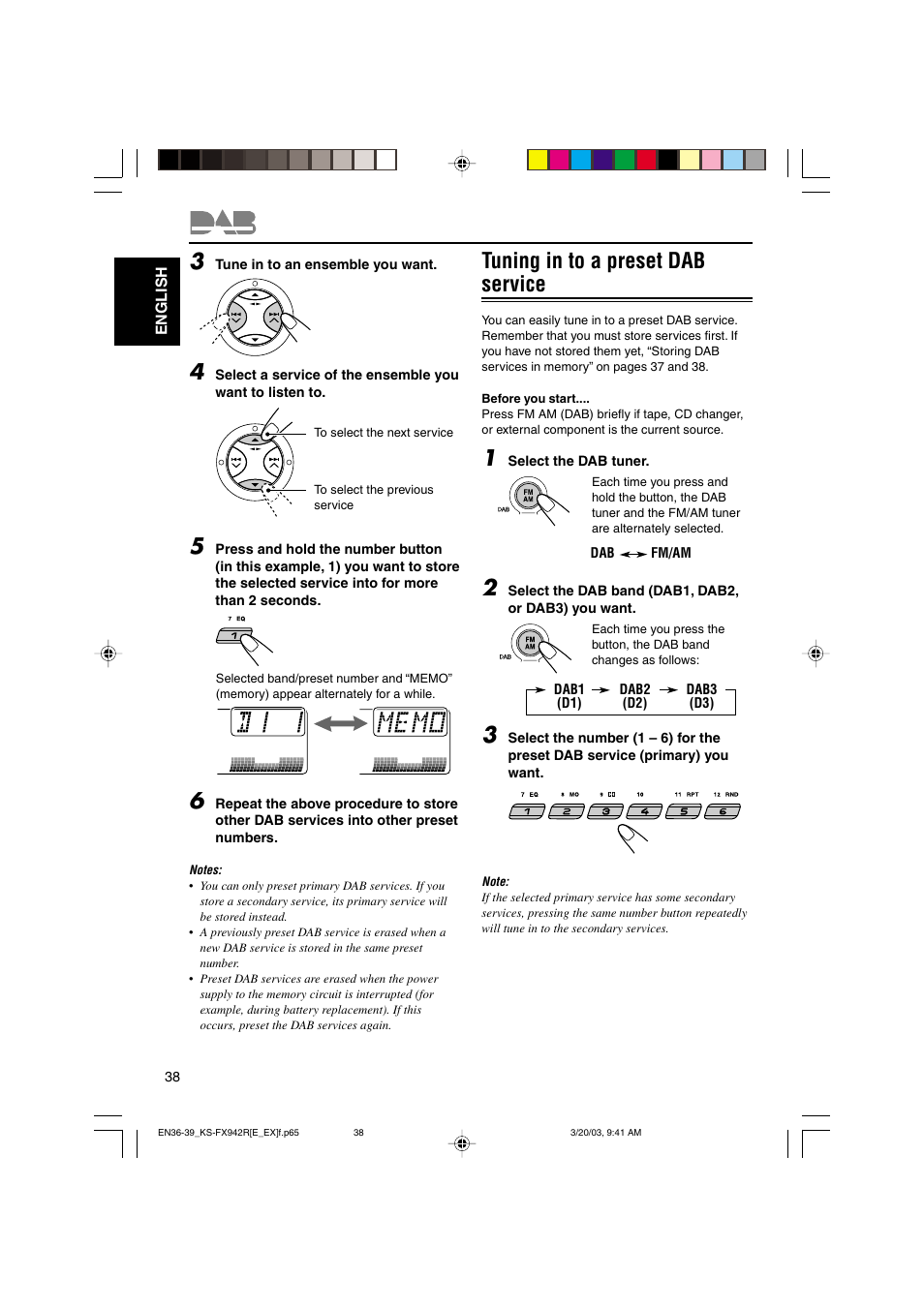 Tuning in to a preset dab service | JVC KS-FX942R User Manual | Page 38 / 48