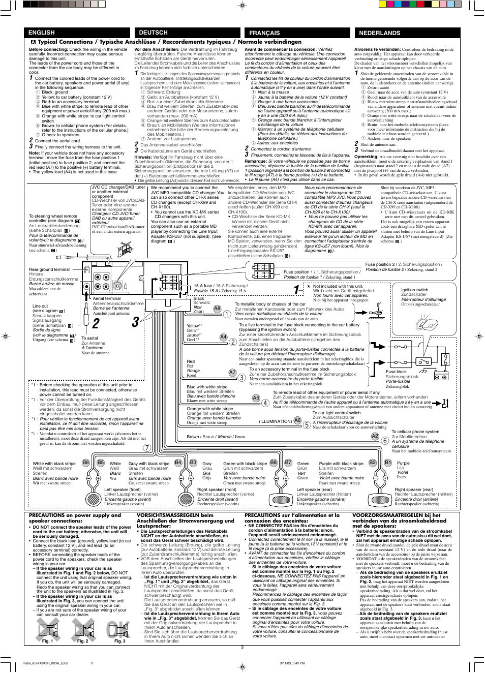 Typical connections, Precautions, Français deutsch nederlands english | JVC KS-FX942R User Manual | Page 47 / 48