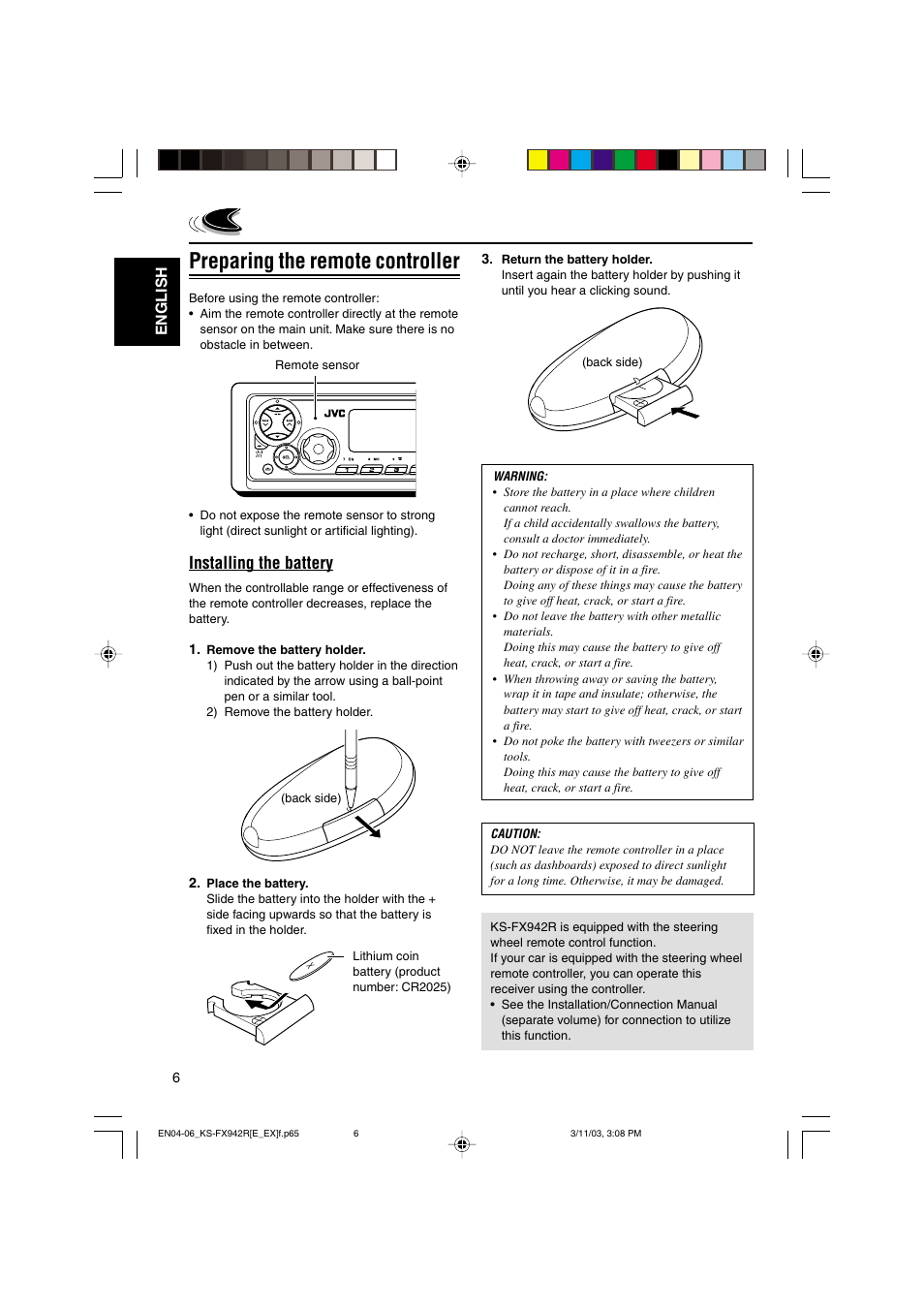 Preparing the remote controller, Installing the battery, English | JVC KS-FX942R User Manual | Page 6 / 48