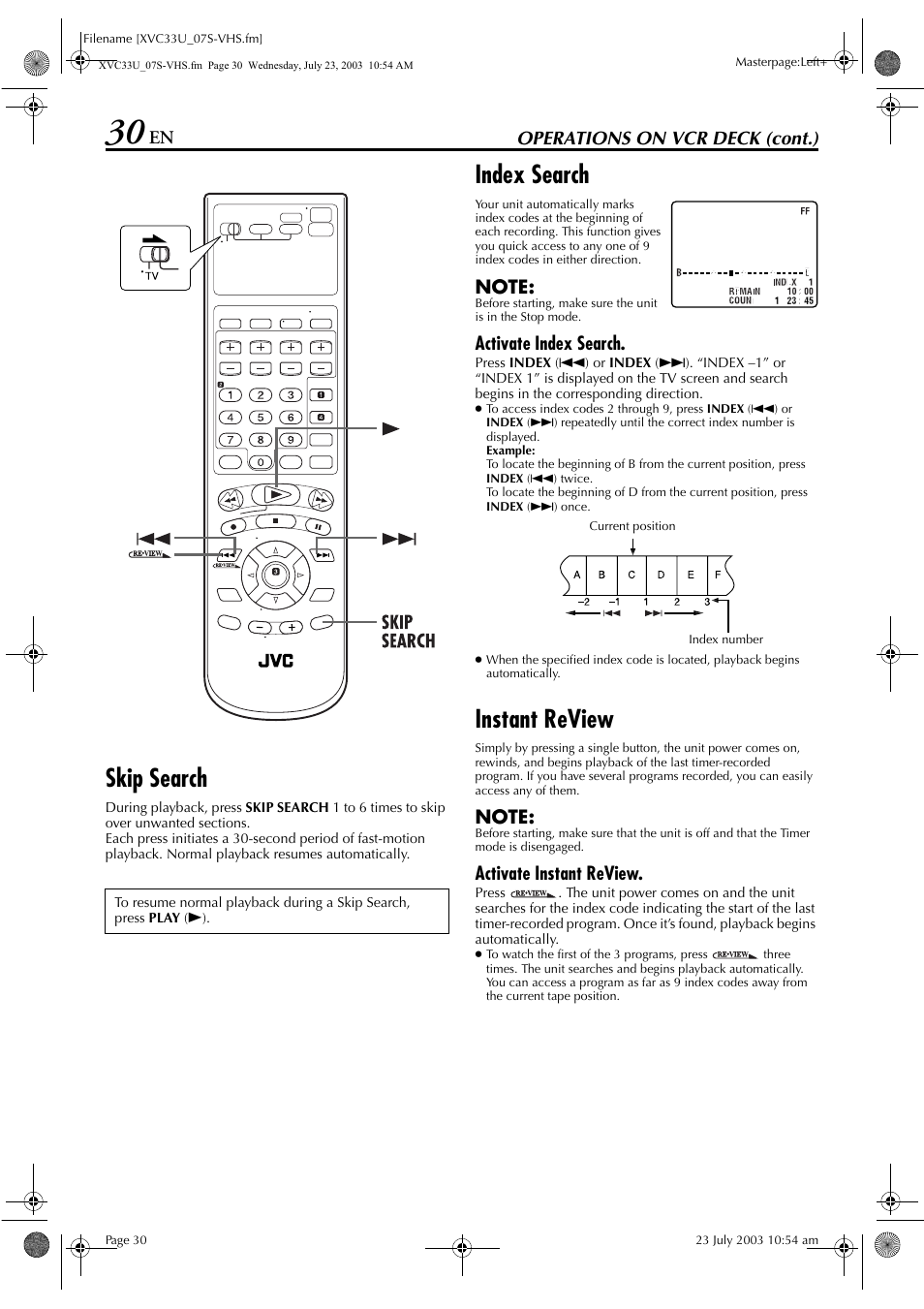 Skip search, Index search, Instant review | Pg. 30) t, Ber ੬ pg. 30, Pg. 30, Operations on vcr deck (cont.), Activate index search, Activate instant review | JVC LPT0838-001C User Manual | Page 30 / 96