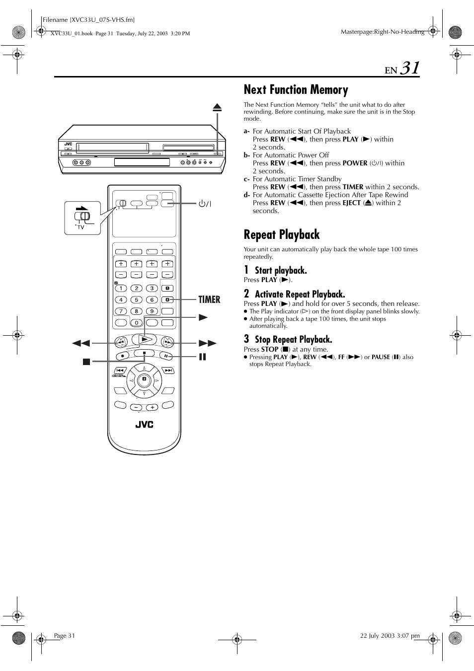 Next function memory, Repeat playback | JVC LPT0838-001C User Manual | Page 31 / 96