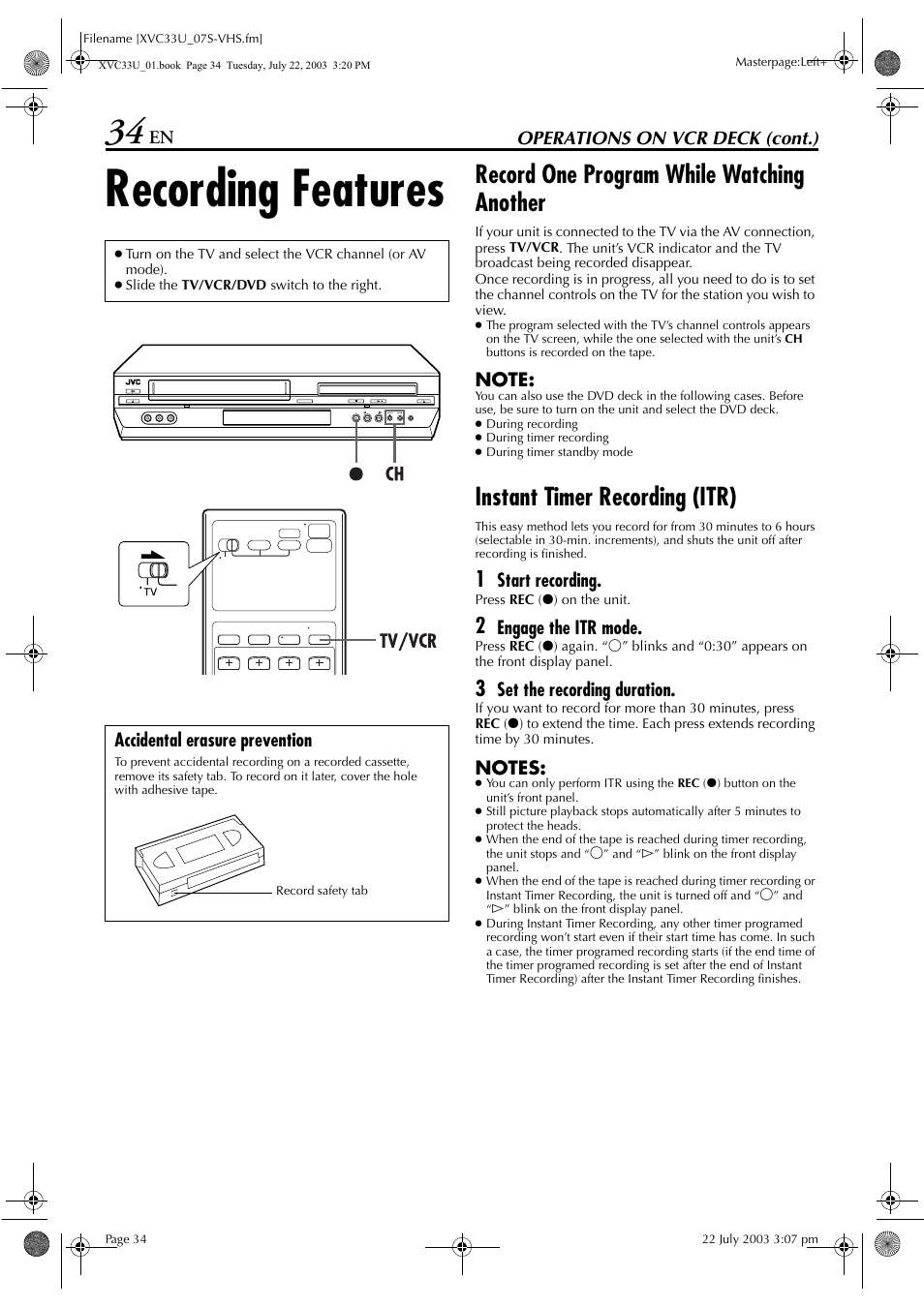 Recording features, Record one program while watching another, Instant timer recording (itr) | Pg. 34 | JVC LPT0838-001C User Manual | Page 34 / 96