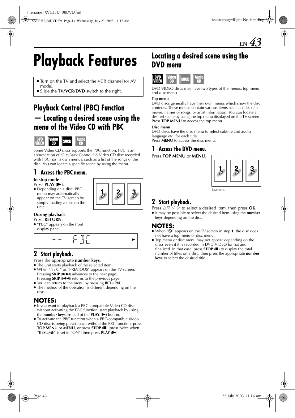 Playback features, Playback control (pbc) function, Locating a desired scene using the dvd menu | Pg. 43, It may take a few seconds to start pla, Back, If you load a dvd disc whose region code does, Access the pbc menu, Start playback, Access the dvd menu | JVC LPT0838-001C User Manual | Page 43 / 96