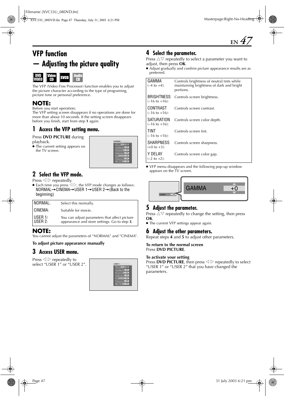 Vfp function, Pg. 47, Vfp function — adjusting the picture quality | 0 gamma, Access the vfp setting menu, Select the vfp mode, Access user menu, Select the parameter, Adjust the parameter, Adjust the other parameters | JVC LPT0838-001C User Manual | Page 47 / 96