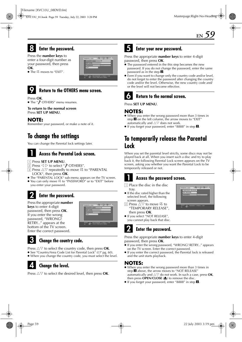 To change the settings, To temporarily release the parental lock, Enter the password | Return to the others menu screen, Access the parental lock screen, Change the country code, Change the level, Enter your new password, Return to the normal screen, Access the password screen | JVC LPT0838-001C User Manual | Page 59 / 96