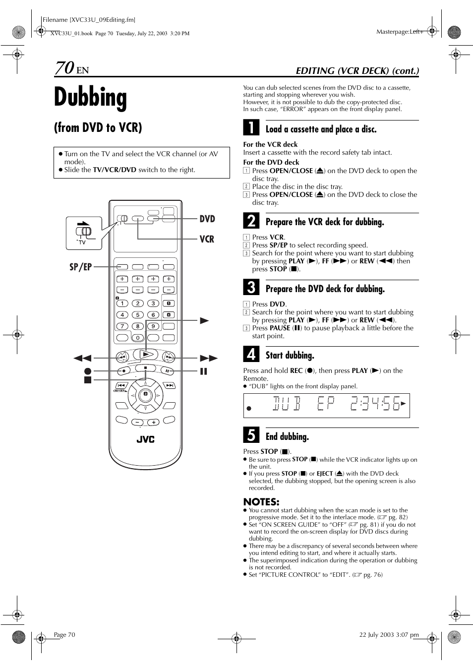Dubbing (from dvd to vcr), Dubbing | JVC LPT0838-001C User Manual | Page 70 / 96