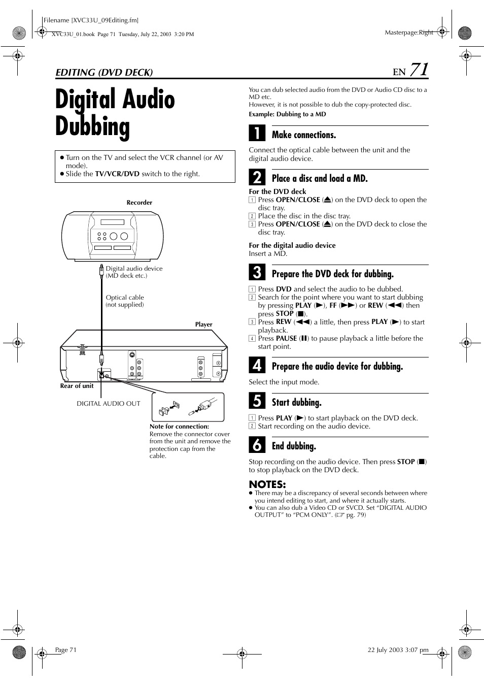 Editing (dvd deck), Digital audio dubbing, Pg. 71 | JVC LPT0838-001C User Manual | Page 71 / 96