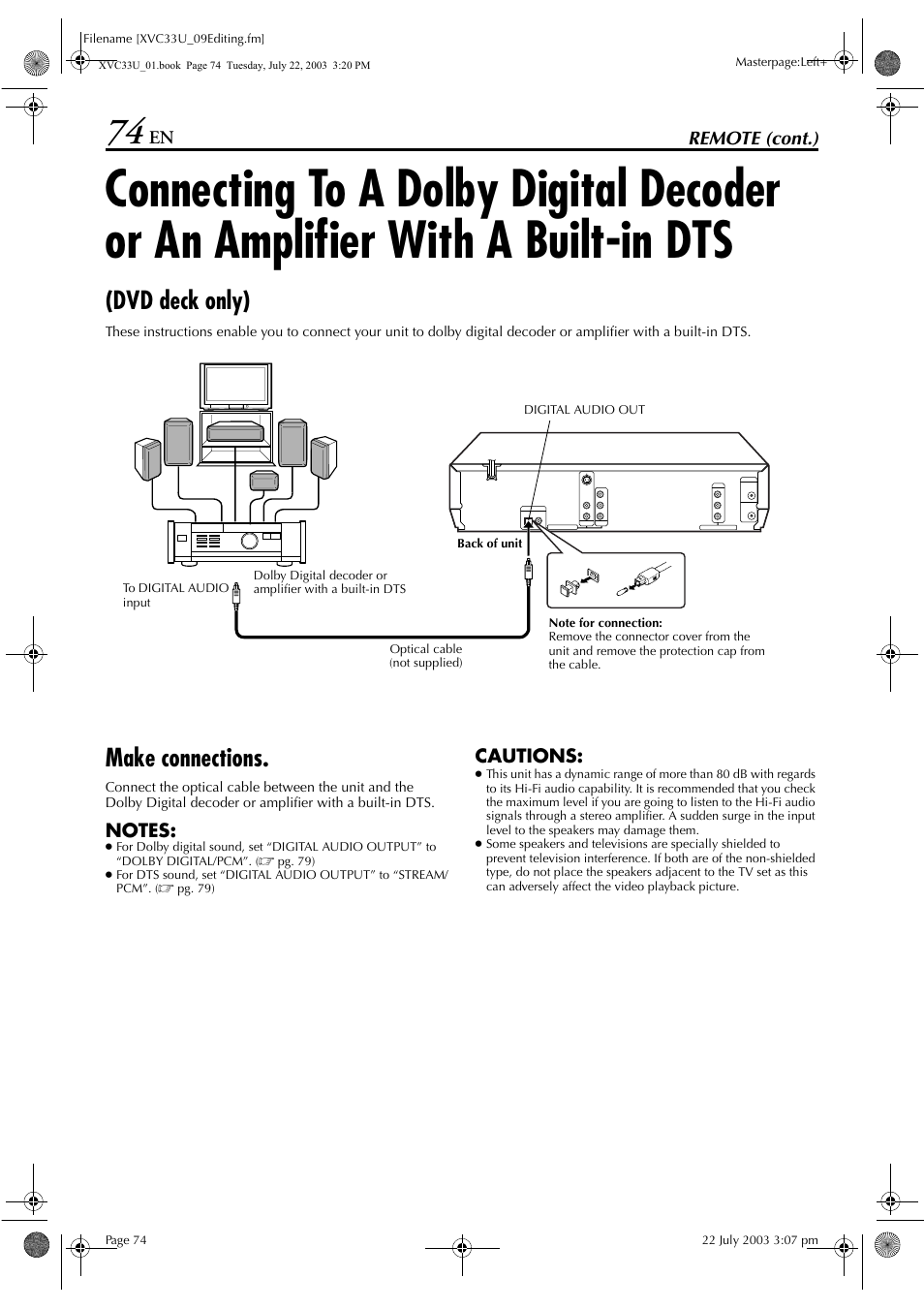 Make connections, Connecting to a dolby digital decoder or, An amplifier with a built-in dts (dvd deck only) | Dvd deck only) | JVC LPT0838-001C User Manual | Page 74 / 96