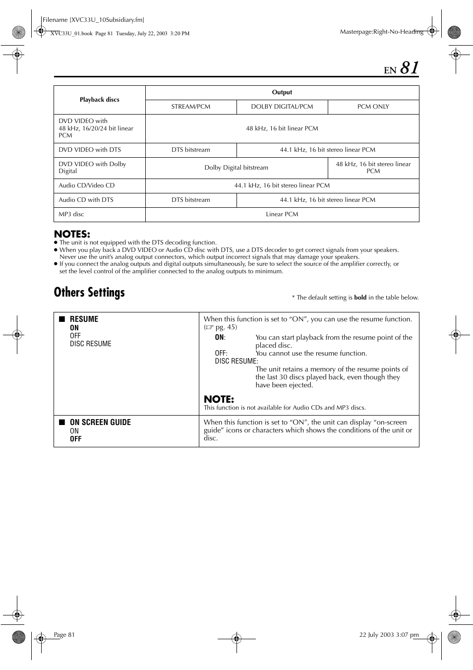 Pg. 81) if y, Pg. 81), Others settings | JVC LPT0838-001C User Manual | Page 81 / 96