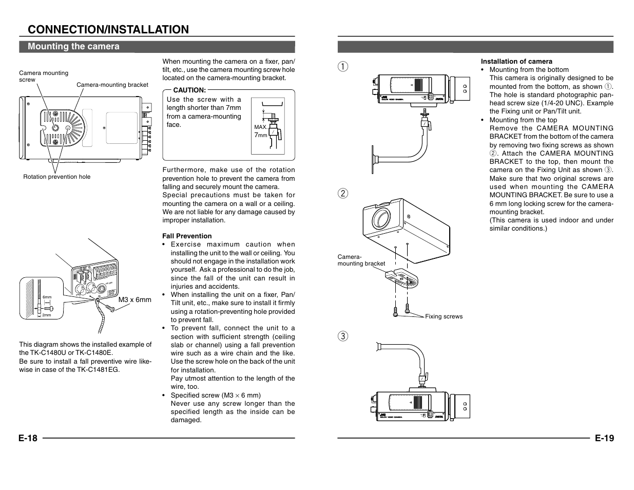 Mounting the camera, Connection/installation, Qw e | Ab c d, Video dc iris video dc iris, E-18, E-19 | JVC TK-C1480 User Manual | Page 10 / 20