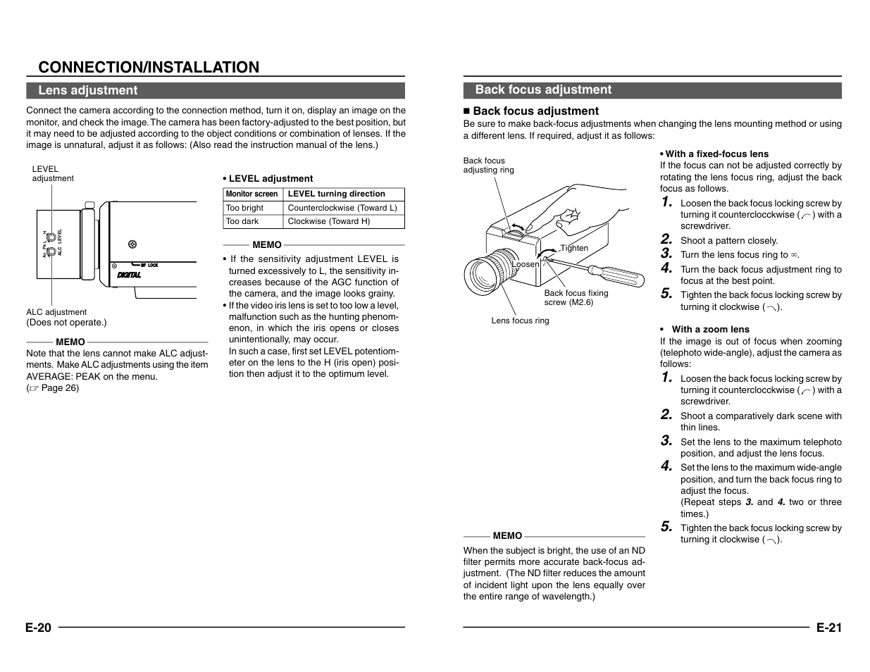 Lens adjustment, Back focus adjustment, Connection/installation | JVC TK-C1480 User Manual | Page 11 / 20