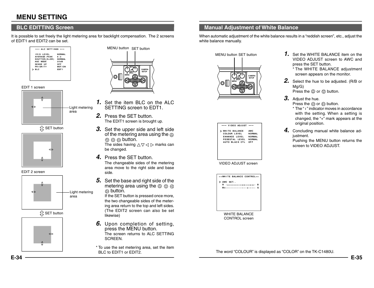 Blc editting screen, Manual adjustment of white balance, Menu setting | E-34 blc editting screen, E-35 manual adjustment of white balance, Set the item blc on the alc setting screen to edt1, Press the set button, Upon completion of setting, press the menu button | JVC TK-C1480 User Manual | Page 18 / 20