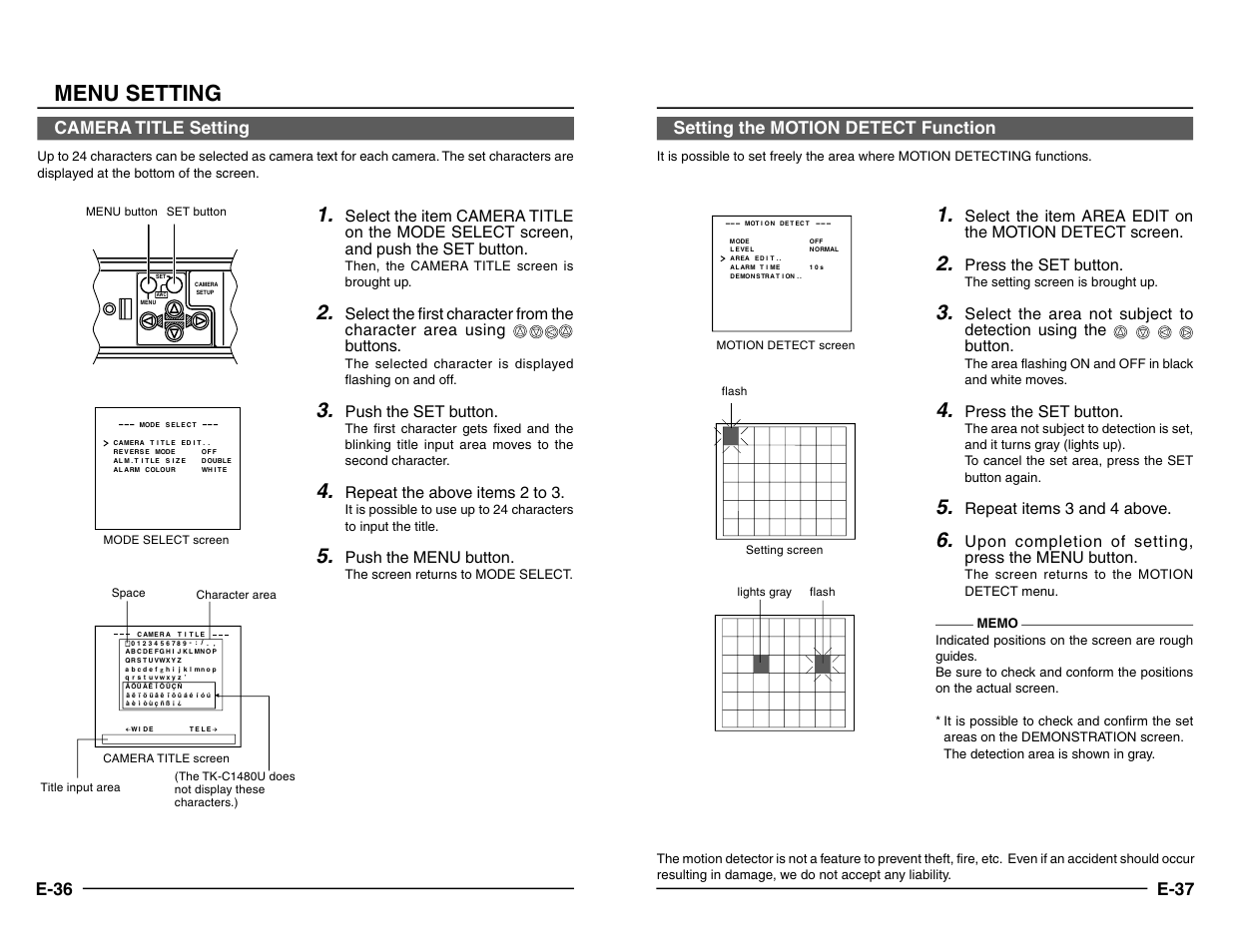 Camera title setting, Setting the motion detect function, Menu setting | E-36, E-37 setting the motion detect function, Push the set button, Repeat the above items 2 to 3, Push the menu button, Press the set button, Repeat items 3 and 4 above | JVC TK-C1480 User Manual | Page 19 / 20