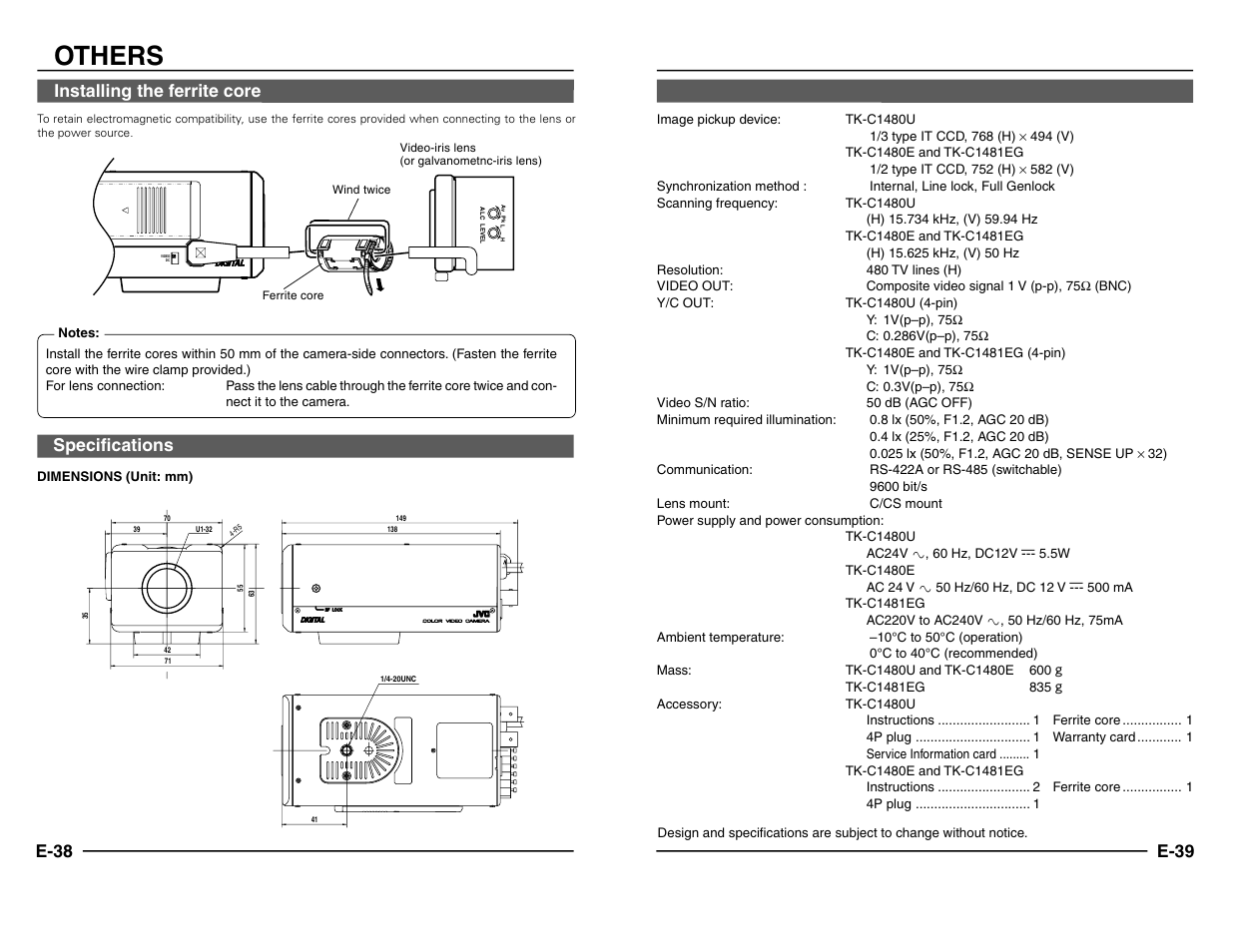 Others, Installing the ferrite core, Specifications | E-38, Specifications e-39 | JVC TK-C1480 User Manual | Page 20 / 20