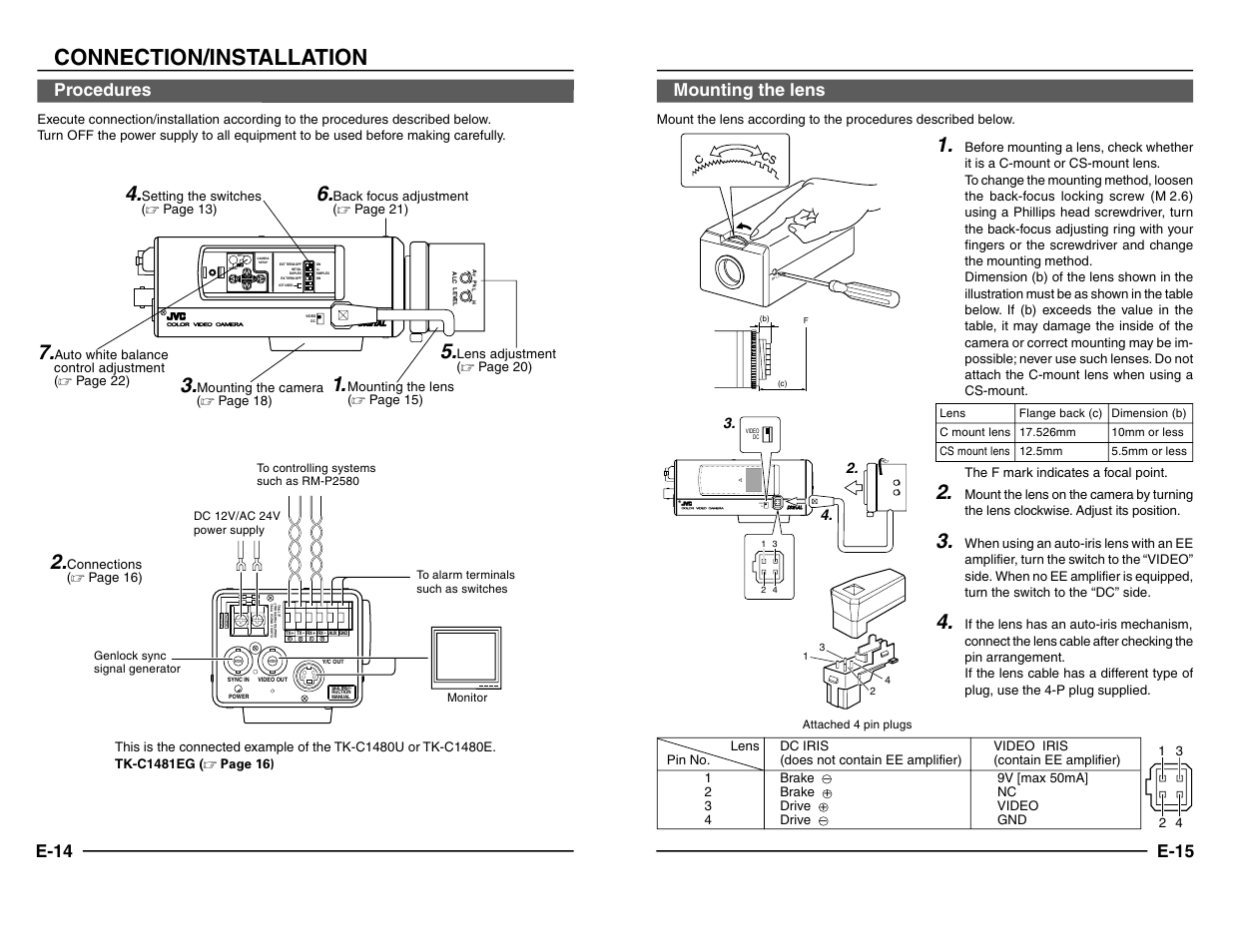 Procedures, Mounting the lens, Connection/installation | Video dc iris, E-14, E-15 mounting the lens | JVC TK-C1480 User Manual | Page 8 / 20