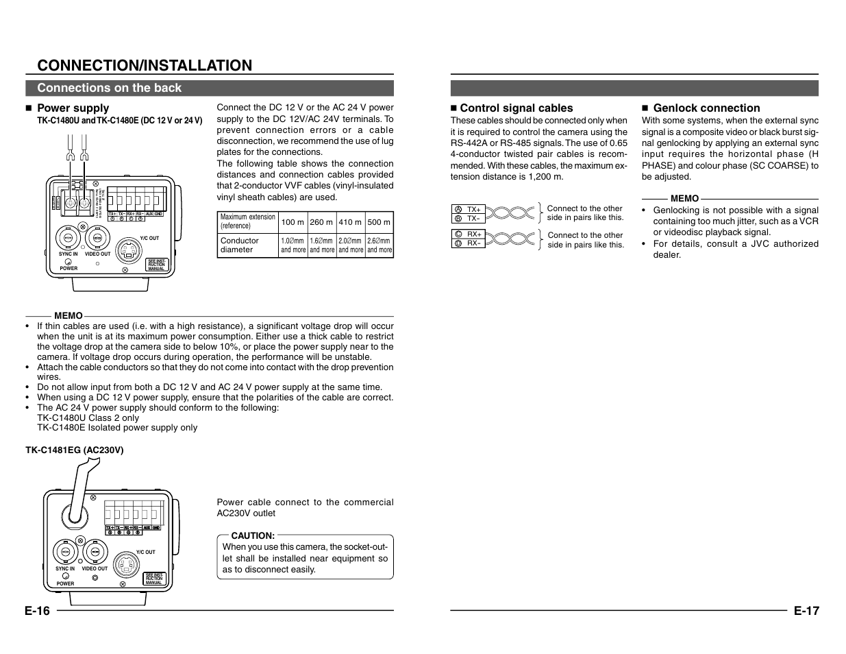 Connections on the back, Connection/installation, E-16 | E-17, Power supply, Control signal cables, Genlock connection | JVC TK-C1480 User Manual | Page 9 / 20