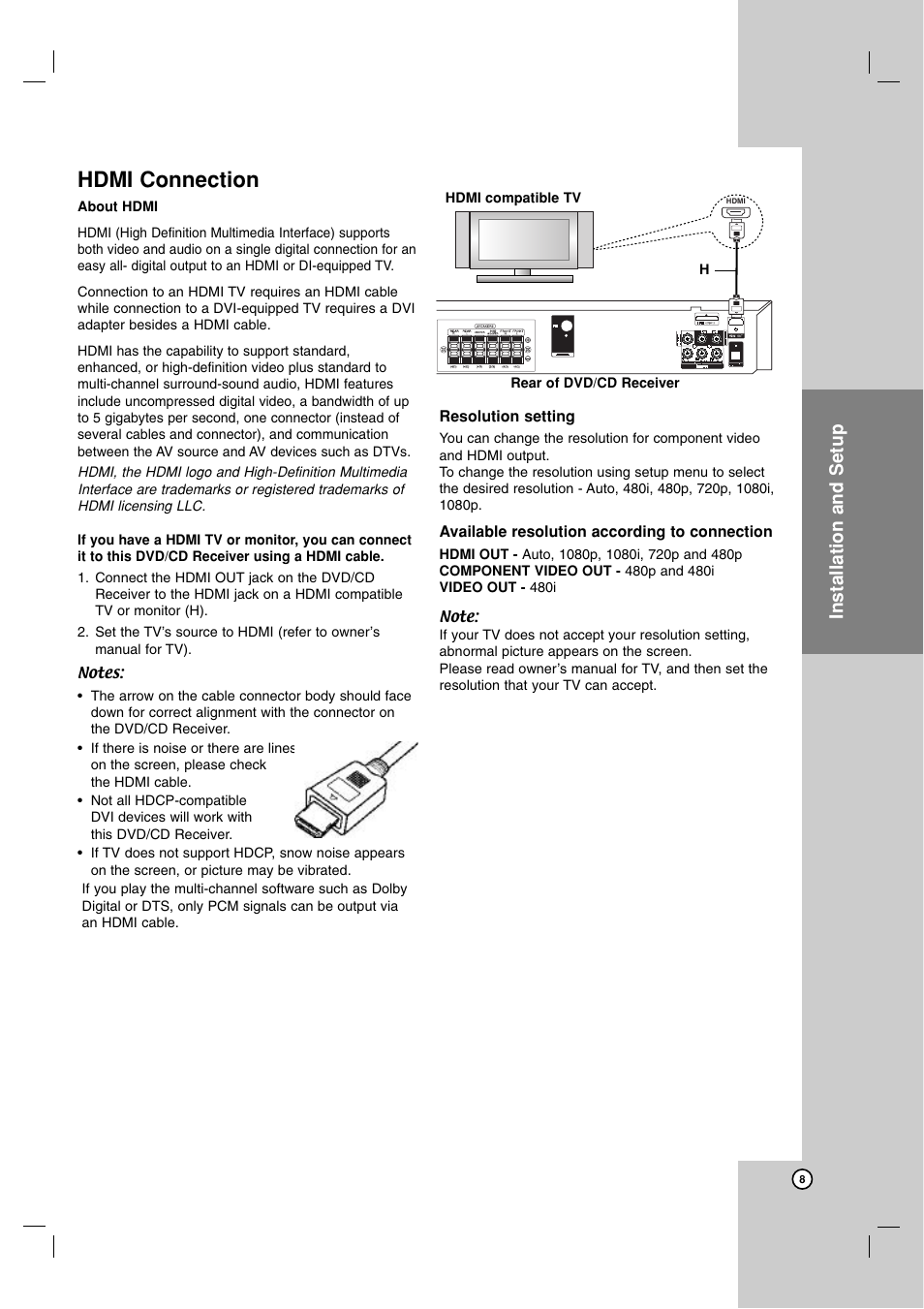 Hdmi connection, About hdmi, Resolution setting | Available resolution according to connection, Installation and setup | JVC SP-THG50W User Manual | Page 11 / 30
