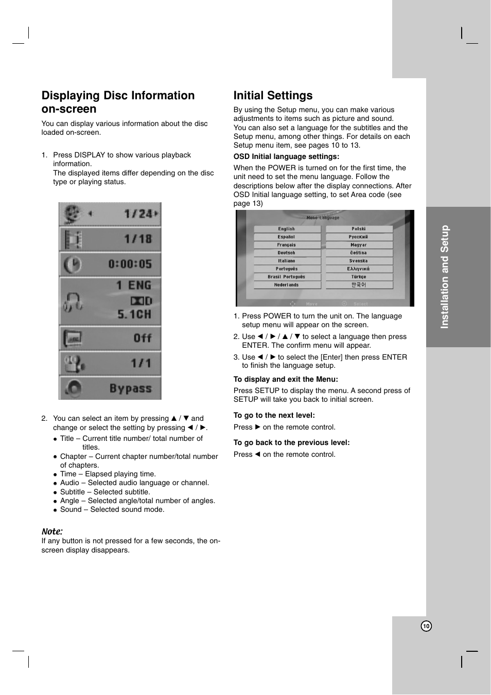Displaying disc information on-screen, Initial settings, Osd initial language settings | Operation reference introduction, Installation and setup | JVC SP-THG50W User Manual | Page 13 / 30